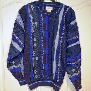 VTG Tosani Canada Men Chunky Knit Sweater Blue Gray Wool Blend Textured Abstract
